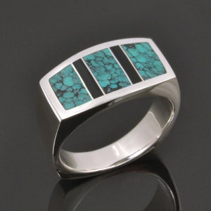 Men&#39;s Turquoise Ring -Spiderweb Turquoise Ring with Black Onyx in Sterling Silver by Hileman Silver Jewelry