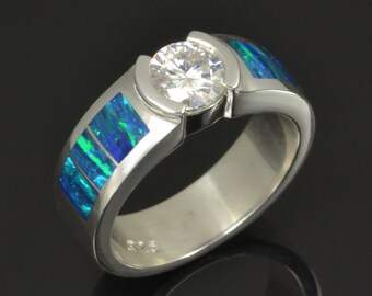 Lab Opal Engagement Ring with Moissanite in Sterling Silver