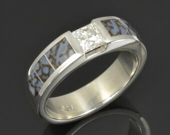 Men's Dinosaur Bone Ring with Princess Moissanite in Sterling Silver- Blue Dinosaur Bone Wedding Band