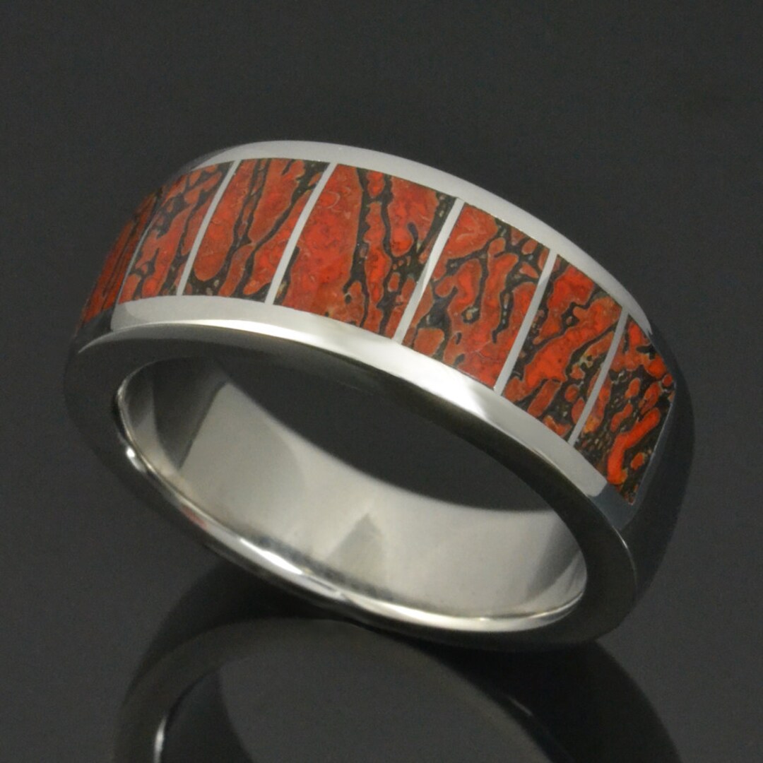 Dinosaur Bone Wedding Ring in Stainless Steel, Red Dinosaur Bone Ring ...