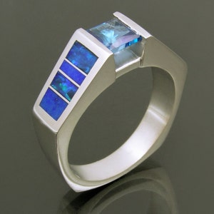 Australian opal, lapis and blue topaz ring in sterling silver