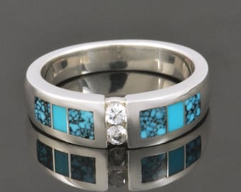 Turquoise Wedding Ring With White Sapphire Accents Set in Sterling Silver by Hileman Silver Jewelry