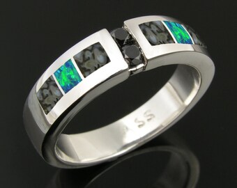 Dinosaur Bone and Lab Opal Ring with Black Diamonds in Sterling Silver