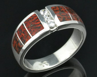Dinosaur Bone Wedding Ring with White Sapphires by Hileman Silver Jewelry