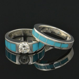 Turquoise Engagement Ring and Turquoise Wedding Band  Turquoise Bridal Set with Moissanite in Sterling Silver