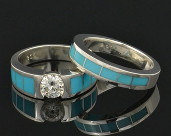 Turquoise Engagement Ring and Turquoise Wedding Band  Turquoise Bridal Set with Moissanite in Sterling Silver