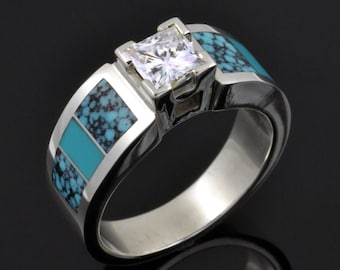 Turquoise Verlovingsring- Turquoise Trouwring- Moissanite Verlovingsring- Turquoise Inlay Ring