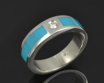 Diamond and Turquoise Wedding Band for Men in Sterling Silver by Hileman Silver Jewelry- Man's Turquoise Wedding Ring