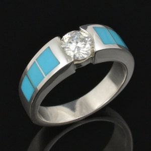 Turquoise Engagement Ring-  Moissanite and Turquoise Engagement Ring in Sterling Silver
