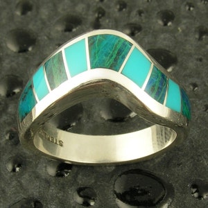 Handmade woman&#39;s sterling silver ring inlaid with chysocolla and turquoise.