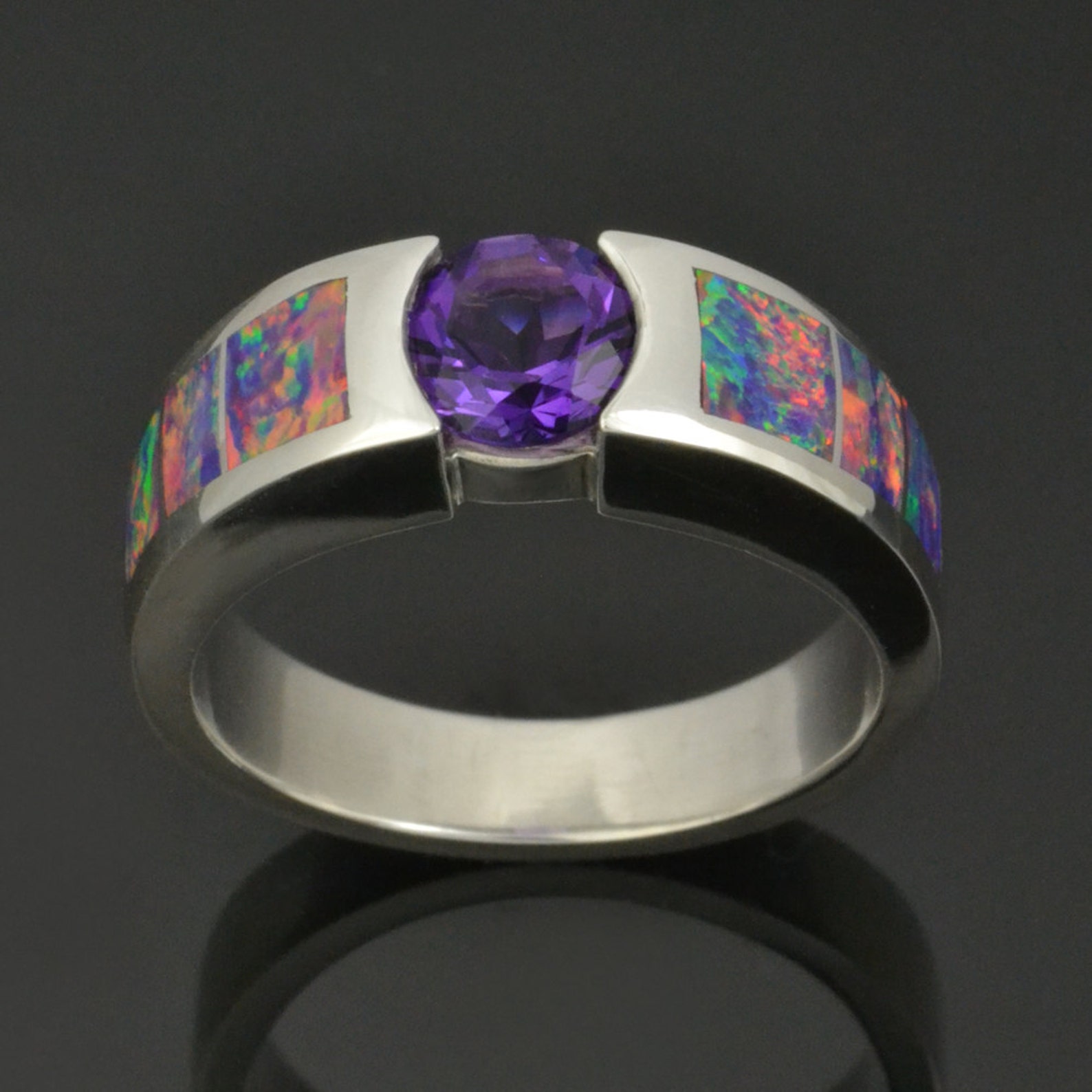 Lab Created Opal Ring With Amethyst Center Stone in Sterling Etsy