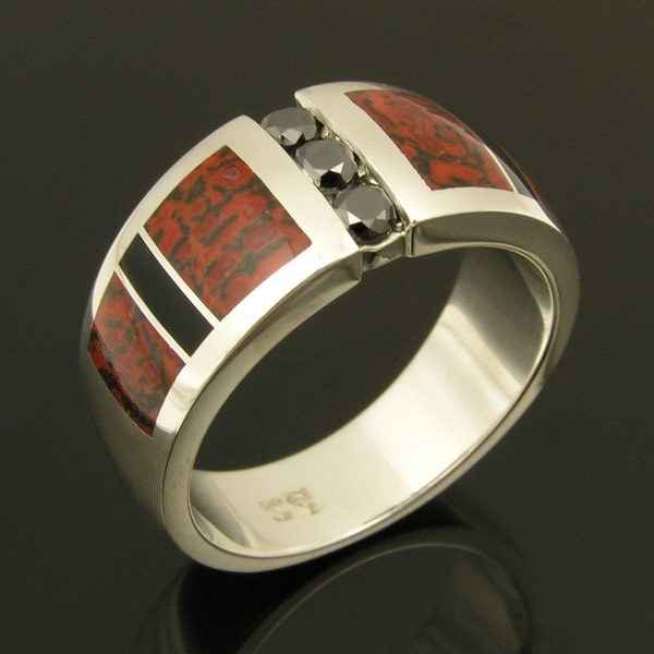 Dinosaur Bone Wedding Ring with Black Diamonds