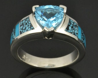 Turquoise Verlovingsring met Trillion Blue Topaz in Sterling Zilver - Turquoise Ring - Turquoise Trouwring - Spinnenweb Turquoise RIng