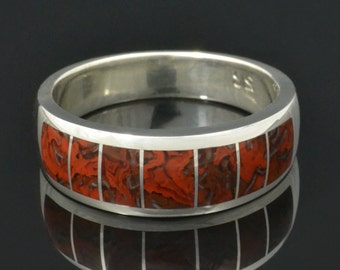 Dinosaur Bone Ring with Swirling Red Pattern In Sterling Silver, Dinosaur Bone Ring, Men&#39;s Rings