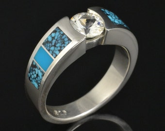 Turquoise Verlovingsring Turquoise Trouwring Witte Saffier Verlovingsring in Sterling Zilver