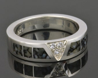 Dinosaur Bone Ring With White Sapphire Accents in Sterling Silver- Gray Dinosaur Bone Ring- Dinosaur Bone Wedding Ring