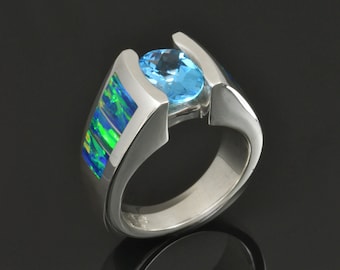 Lab Opal Ring with Blue Topaz in Sterling Silver - Lab Opal Engagement Ring with Topaz - Opal and Topaz Ring