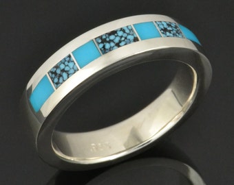 Spiderweb Turquoise and Turquoise Wedding Ring in Sterling Silver by Hileman