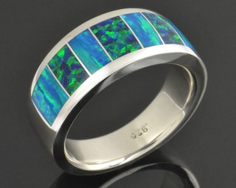 Men's Lab Created Opal Ring in Sterling Silver Lab Opal Ring for Men Opal Ring Band Unique Wedding Ring