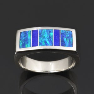 Lab Opal Ring with Lapis in Sterling Silver by Hileman- Lab Created Opal Ring- Man&#39;s Unique Lapis Ring- Men&#39;s Opal Ring in Silver- Opal Ring