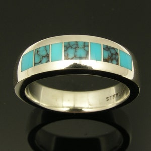 Turquoise Wedding Ring in Sterling Silver, Spiderweb Turquoise and Turquoise Wedding Band, Turquoise Band