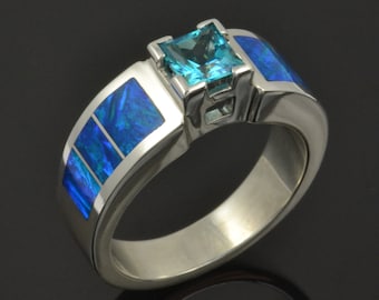 Lab Created Opal Wedding or Engagement Ring with Blue Topaz in Sterling Silver - Lab Opal Engagement Ring with Topaz - Opal and Topaz Ring