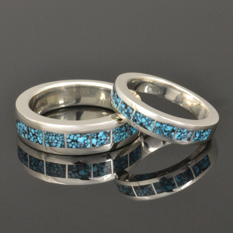 Kingman Spider Web Turquoise Wedding Ring Set in Sterling