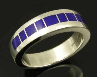 Lapis Wedding Ring in Sterling Silver, Man's Lapis Ring, Lapis Inlay Ring, Lapis Wedding Ring, Lapis Wedding Band