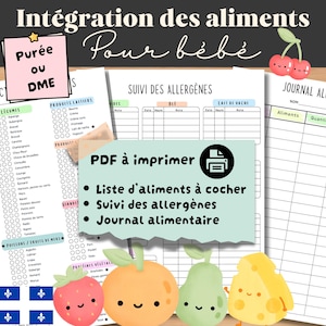 Lista de seguimiento de alimentos para bebés, puré, DME, alérgenos, diario de alimentos para bebés. En francés, versión quebequense.