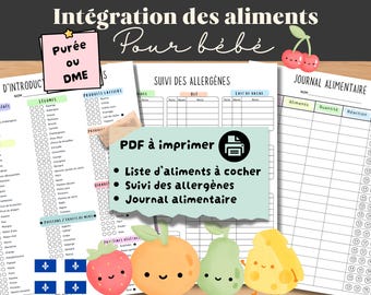 Baby Food Tracker, Puree, DME, Allergens, Baby Food Diary. In French, Quebec version.