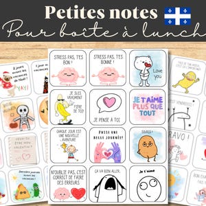 Notes boîte à lunch en français, messages positifs, motivation pour l'école, cartes à imprimer en français. French lunch box notes.
