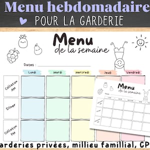 French-language daycare menu. French-language daycare equipment. Daycare opening hours. Family daycare and CPE. Weekly menu.