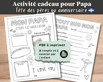 May include: Black and white printable Father's Day or birthday activity sheets. One sheet says "My Dad" with fill-in-the-blanks and space for drawings. The other sheet says "All About My Dad" with prompts. Includes the text "PDF to print".