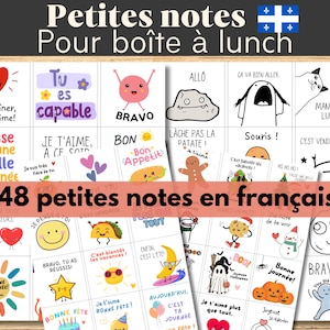 Notes boîte à lunch, messages positifs, motivation pour l'école, cartes à imprimer en français. Lunchbox notes. Version français québécois.