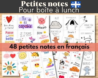 Notes boîte à lunch, messages positifs, motivation pour l'école, cartes à imprimer en français. Lunchbox notes. Version français québécois.