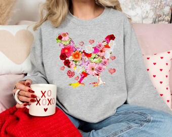 Floral Chicken Valentine Sweatshirt, Valentine's Day Sweathirt, Valentine Chicken Shirt, Funny Valentine Shirt, Valentine Tee,Valentine Gift