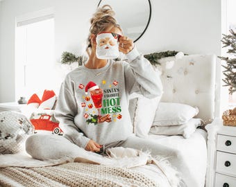 Santa's Hot Mess Sweater, Christmas Martini Hoodie, Faux Glitter Christmas Drink Sweater,Christmas Party Sweatshirt, Drink Sweater For Women