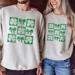 Retro Coquette Shamrock Bow Sweatshirt, Cute St Patricks Day Sweater, Womens Shenanigans Shirt, Lucky Shirt, Irish Shirt, Four Leaf Clover