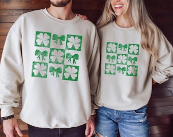 Retro Coquette Shamrock Bow Sweatshirt, Cute St Patricks Day Sweater, Womens Shenanigans Shirt, Lucky Shirt, Irish Shirt, Four Leaf Clover