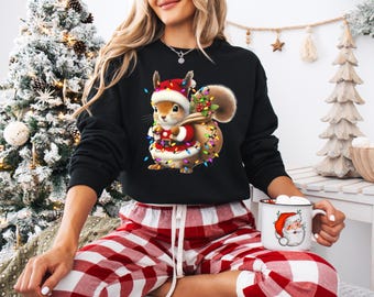 Squirrel Christmas Sweatshirts, Squirrel Hoodie, Christmas Squirrel Lights, Cute Christmas, Christmas Squirrel Lights, Squirrel Sweatshirts