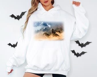 Maglietta di Halloween con lupo, maglietta con lupo ululante, maglietta con grafica vintage anni '90, maglietta retrò con lupo e luna, maglietta con natura selvaggia, maglietta oversize boho