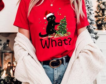 Christmas Cat What Shirt, Christmas Sweatshirt, Black Cat Shirt, Christmas Cat Shirt, Cat Lover Shirt, Christmas Tree Shirt, Christmas Gift