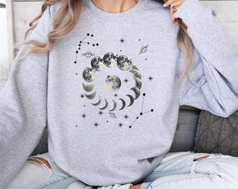 Celestial Sweatshirt, Moon Phase Hoodie, Boho Mystical Moon And Sun Hoodie, Boho Moon Astronomy Outfit, Spiritual Moon Women Clothing Gifts