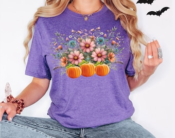 Boho Fall Floral Pumpkin Shirt, Vintage Retro Autumn Tee, Flower Pumpkin Graphic, Pumpkin Patch Aesthetic, Womens Cozy Fall Top, Fall Shirt