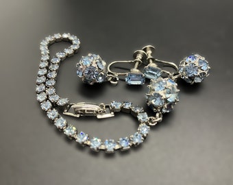 Vintage Unsigned Weiss Pale Blue Dangling Bracelet and Earrings