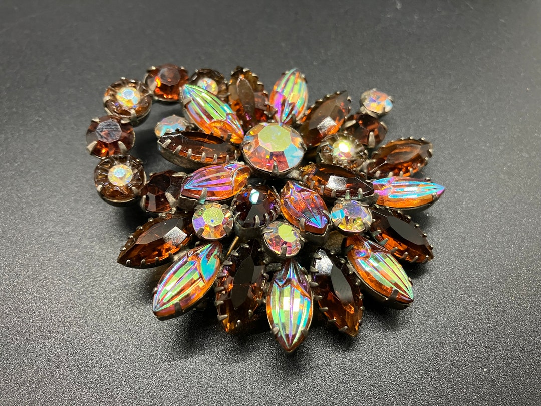 Vintage Melon Navettes and Margarita Rhinestone Large Brooch