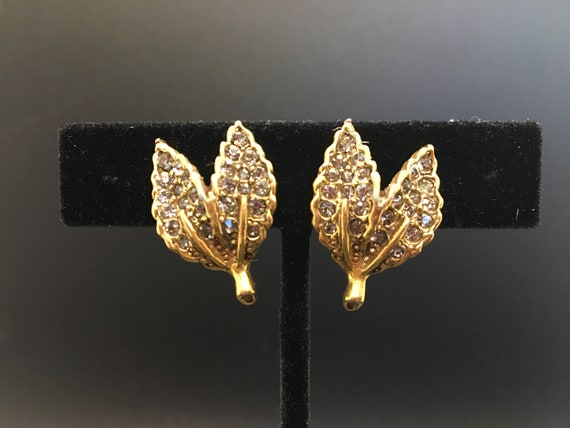 Vintage Goldette Rhinestone Leaf Earrings - image 1