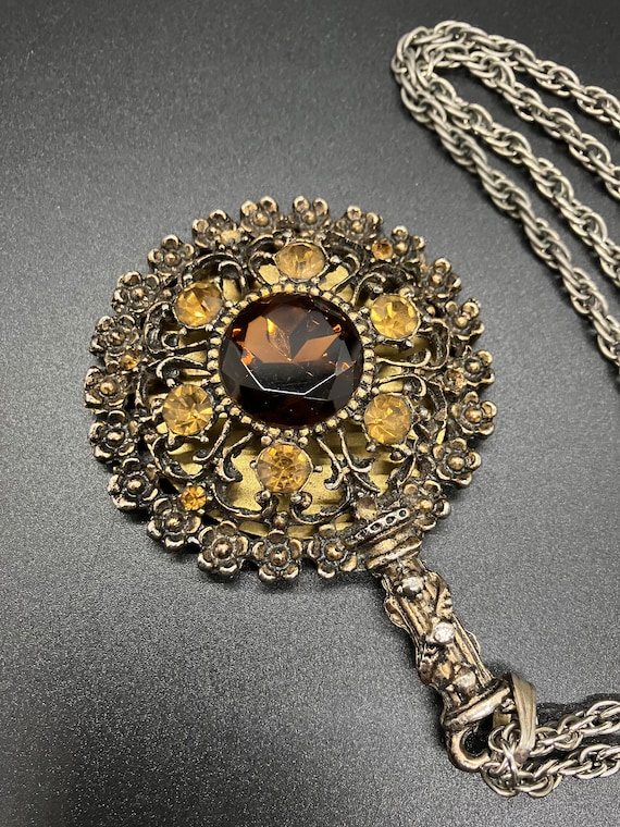 Vintage Rhinestone Hand Mirror Pendant Necklace - image 2