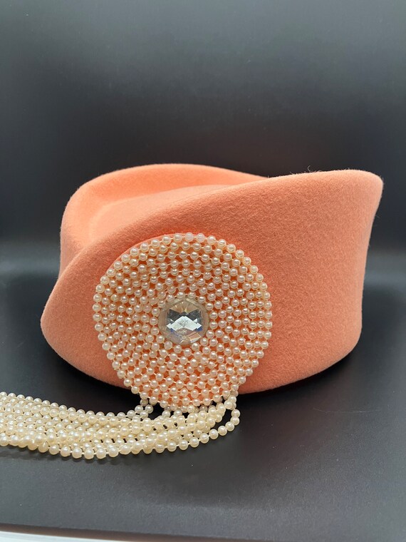 Vintage Peach Hat with Gem Details Vintage Wool Pale Peach Hat With Pearl and Rhinestone Accent  main image 3