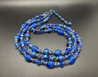 Vintage Blue Glass Bead Triple Strand Necklace